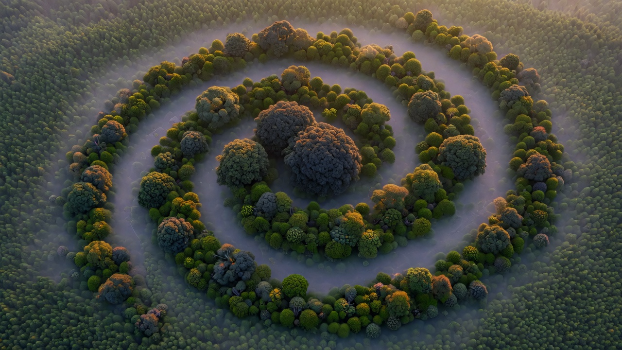 Aerial view of a forest canopy where trees form a logarithmic-spiral pattern