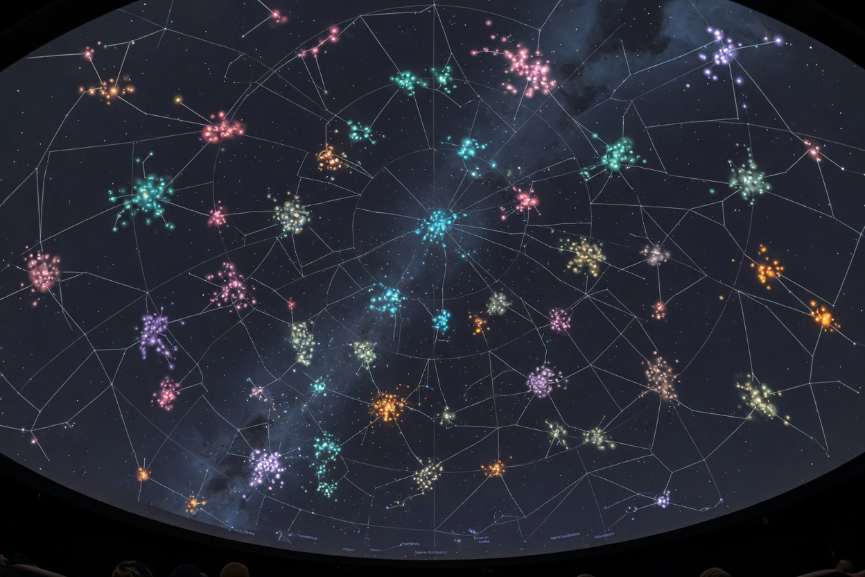 Planetarium dome with taste-tribe network graph